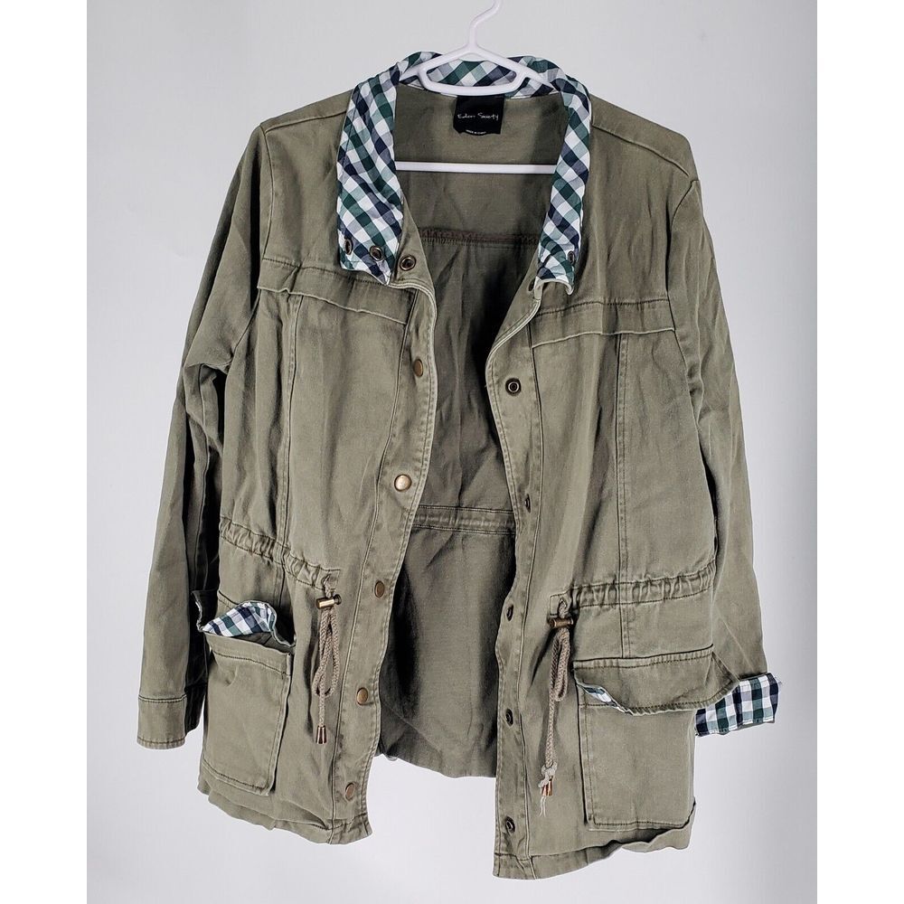 Eden Society Jacket Size Large Utility Chore Army Green Cinched‎ Pockets Snaps